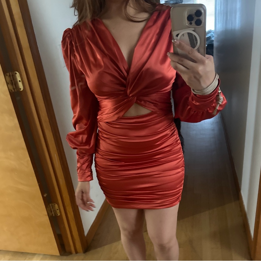 Satin Ruched Mini Dress | Burnt Orange | Long Sleeve | Bodycon | Size S